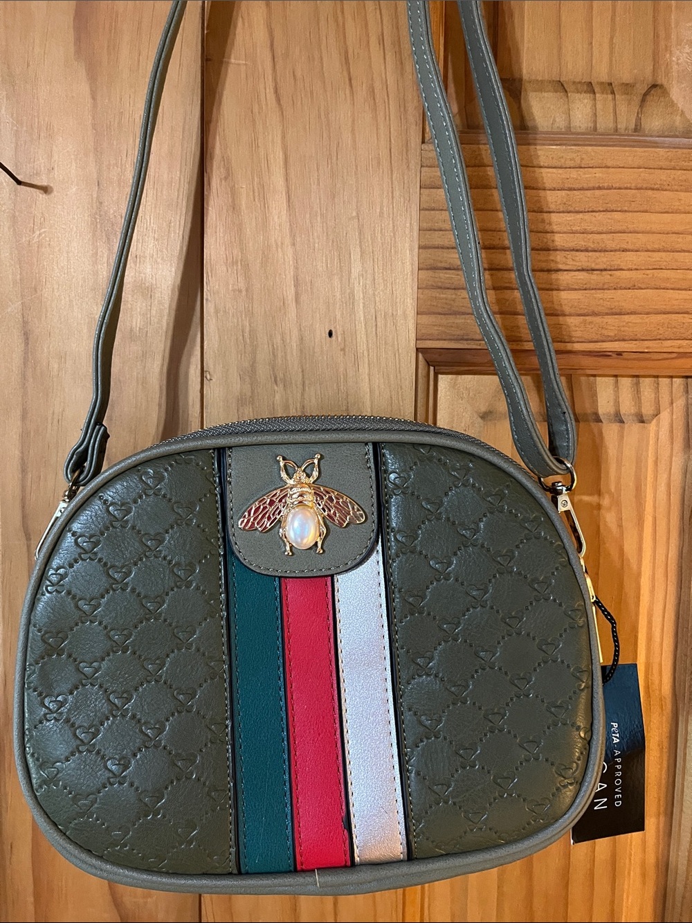 Olive Green Crossbody Bag with Bee Emblem